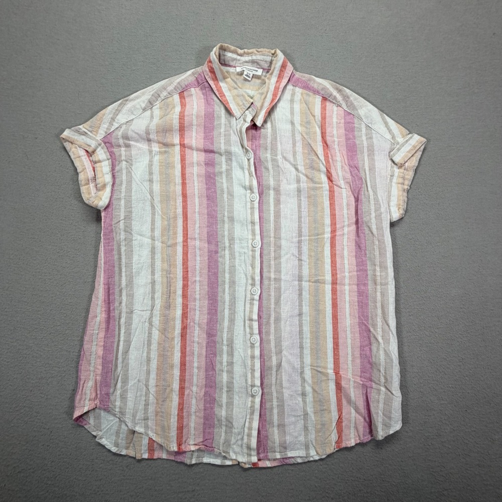 Beachlunchlounge Womens Button Down Relaxed Pink Orange Striped Linen Top M